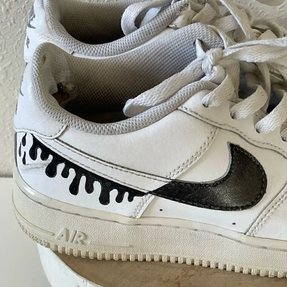 Pre-LOVED Nike Air Force 1 White and Black Custom Made Size 6Y